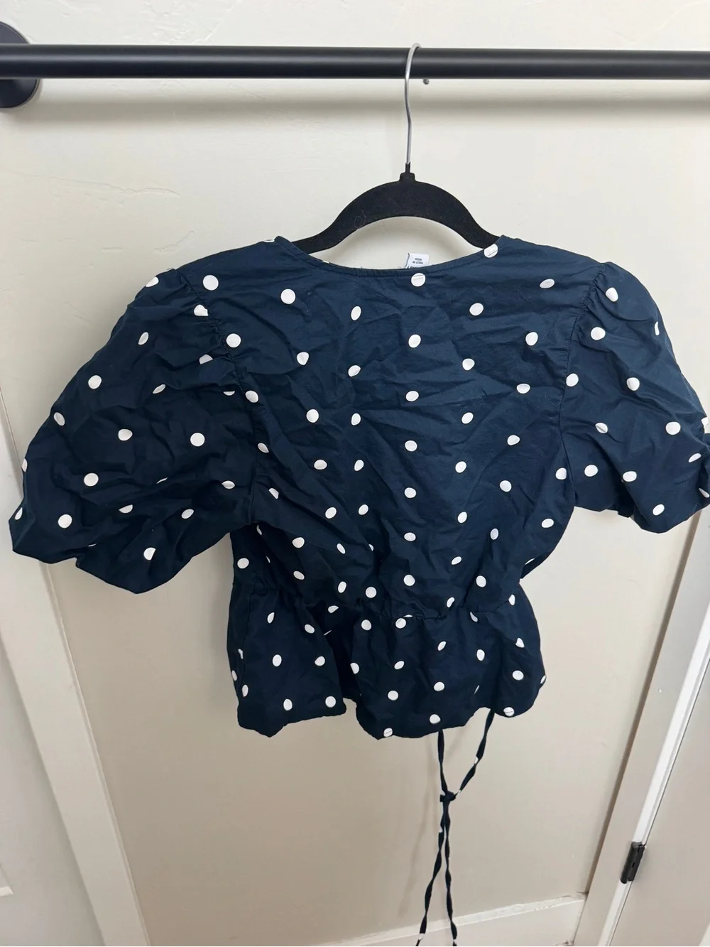 Old Navy Navy and White Polka Dot Wrap Blouse